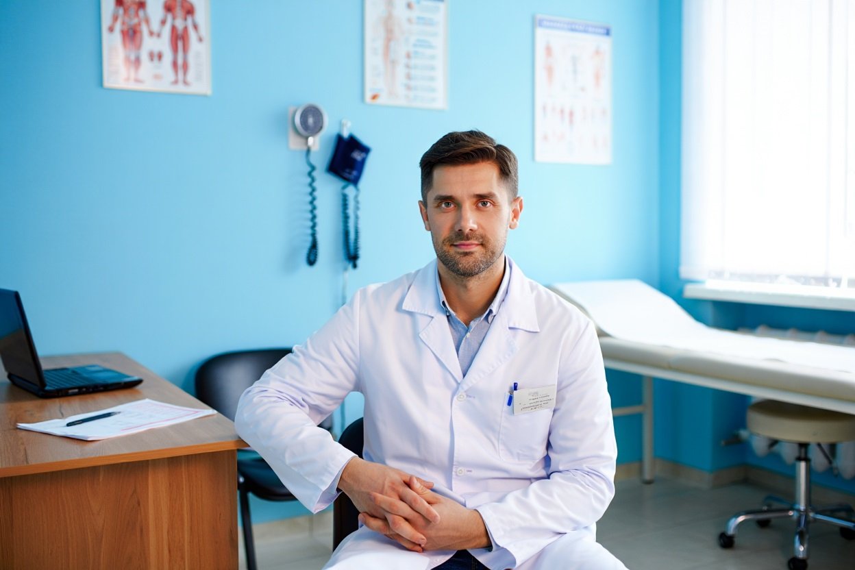 Врач сидит на стуле в медицинском кабинете